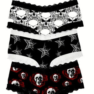 Women's 3pc Skull Print Black Lace Panty Set Size S